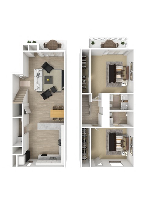 Floor plan for 2 beds, 2.5 baths, 988 sqft